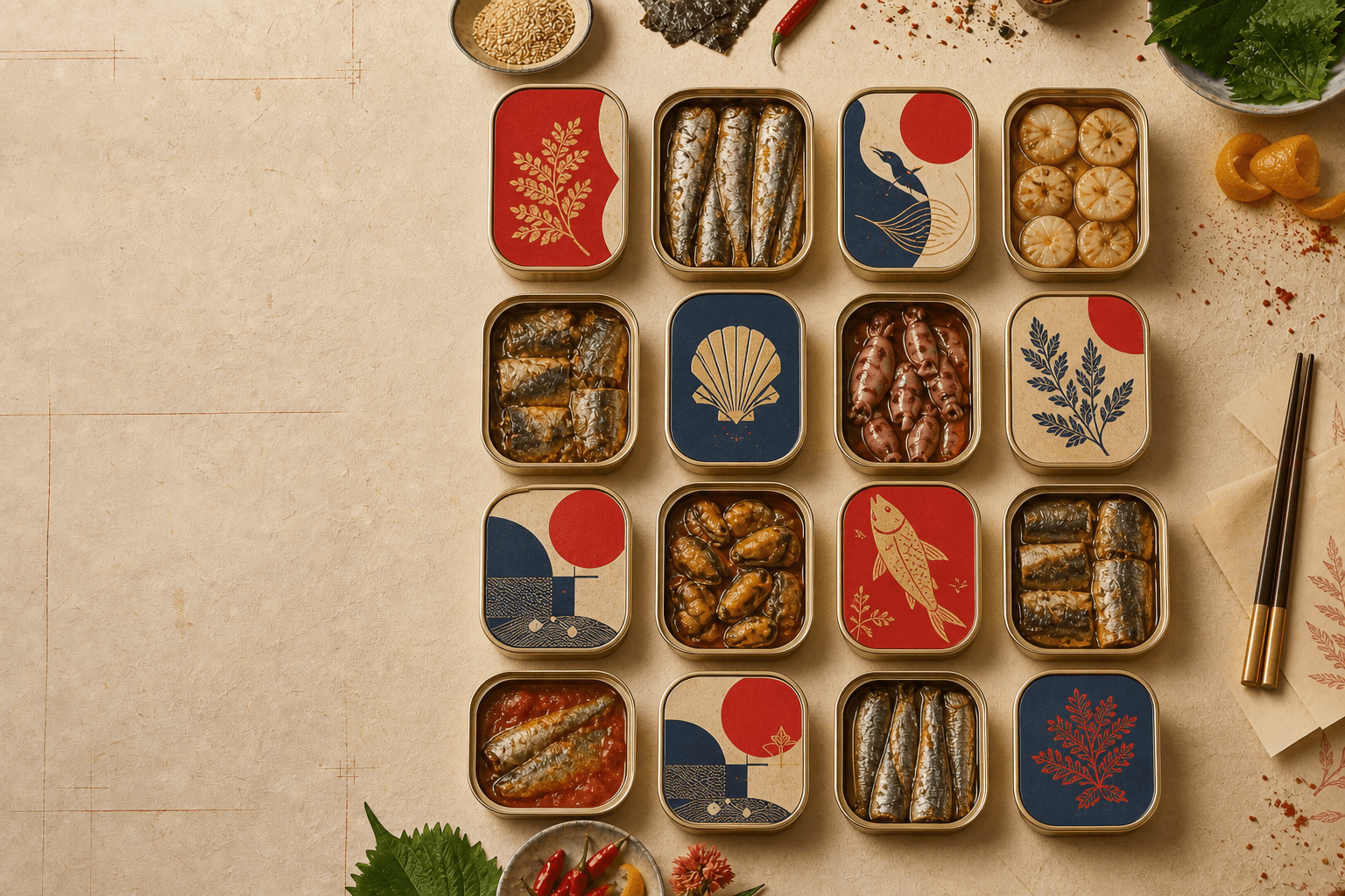 A festive collection of illustrated tins and opened Asian seafood preserves